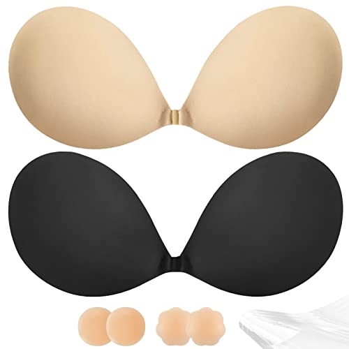 2 Pair Adhesive Push Up Bra for Women, Sticky Backless Strapless with Nipple Covers, Reusable - Black and Nude