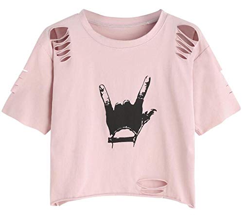SweatyRocks Women's Short Sleeve T Shirt Graphic Print Distressed Crop Top Gesture Light Pink Large