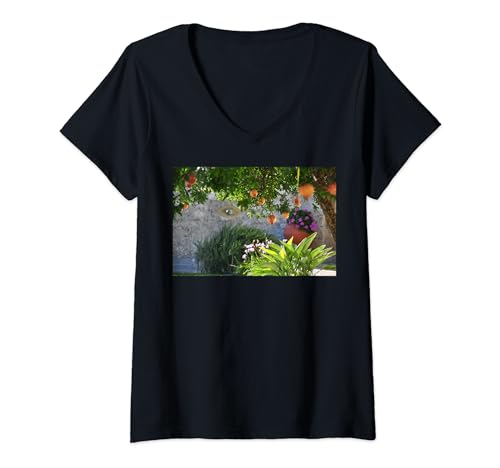 Womens Pomegranate Tree Garden in Crete Greece V-Neck T-Shirt