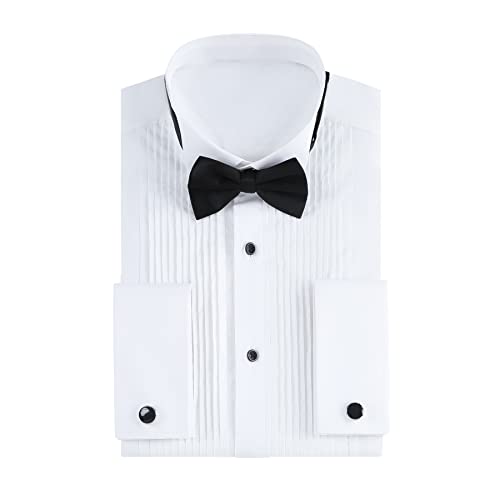 Gollnwe Men's Tuxedo Shirt Wing Collar French Cuffs with Cufflinks and Bow Tie White L