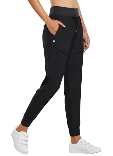 BALEAF Women's Joggers 28'' Lightweight Hiking Pants High Waist 5 Zipper Pockets Quick Dry Travel Athletic UPF50+ Black L