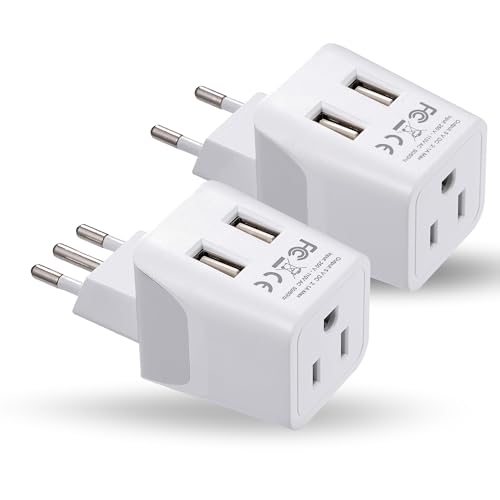 Ceptics Italy, Europe Travel Adapter Plug Set - 2 Pack - with 2 USB + USA Socket Input - Type L and Type C - Ultra Compact - Safe Grounded Perfect for Cell Phones, Laptops, Camera Chargers