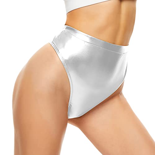 Kepblom Women's Thong Metallic Rave Bottoms Shiny High Waisted Panties for Festival Clubwear Dancing, Silver, M
