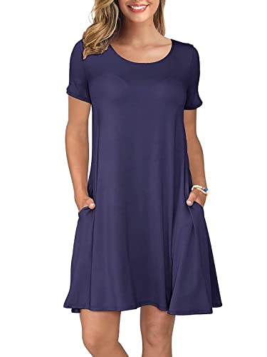 KORSIS Summer Dresses for Women Navy Blue Medium Casual T Shirt Dresses Short Sleeve Swing Flowy Ladies Beach Vacation Sundress with Pockets