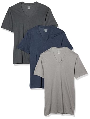 Nautica Men's 3-Pack V-Neck T-Shirt, Light Grey/Charcoal/Peacoat Heather