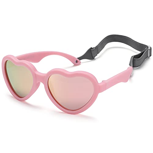 NULOOQ Flexible Heart Shaped Baby Polarized Sunglasses with Strap Adjustable Toddler & Infant Age 0-24 Months (Pink/Pink Mirrored)