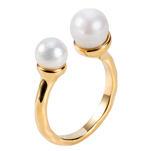 Aurelia Mae 18K Gold Plated Freshwater Cultured Pearl Ring Gold Knuckle Rings Two Pearls Open Midi Ring Open Cuff Wrap Band Size 8