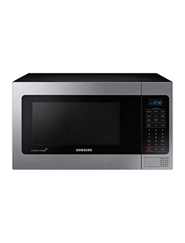 SAMSUNG 1.1 Cu Ft Countertop Microwave Oven w/ Grilling Element, Ceramic Enamel Interior, Auto Cook Options,1000 Watt, MG11H2020CT/AA, Stainless Steel, Black w/ Mirror Finish,15.8'D x 20.4'W x 11.7'H