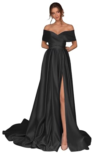 ZETUNew Off Shoulder Prom Long Dresses A-Line Pleated Slit Dresses Evening Gowns for Women Formal (Black Gown),Black 16
