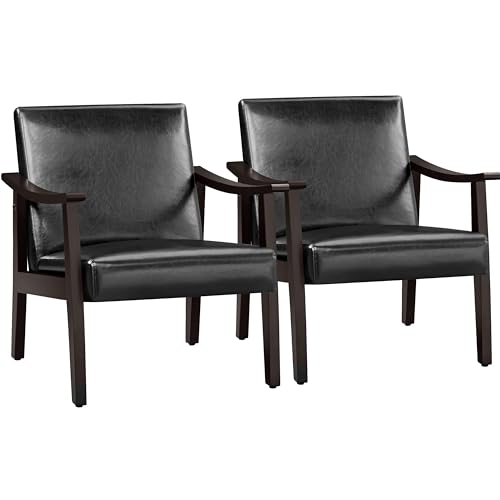 Yaheetech PU Leather Accent Chair, Mid-Century Modern Armchair with Solid Wood Legs, Reading Leisure Chair with High Back for Living Room Bedroom Waiting Room, 2 Pieces, Black