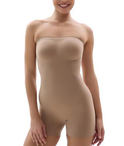 SHAPERX Strapless Shortie Bodysuit for Women Tummy Control Shapewear Seamless Sculpt Body Shaper with Removable Straps,SZ5217-Sienna-S/M