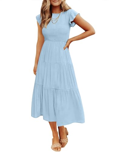 ZESICA Women's 2024 Summer Casual Flutter Short Sleeve Crew Neck Smocked Elastic Waist Tiered Midi Dress,Blue,Medium