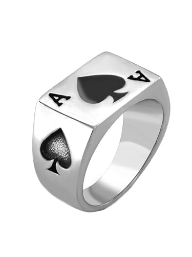 JAJAFOOK Mens Womens Stainless Steel Ring Poker Spade Ace Silver Black Sizes 6-14