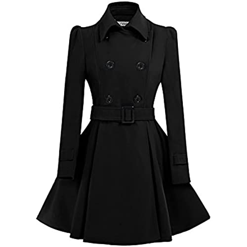 ForeMode Women Swing Double Breasted Wool Pea Coat with Belt Buckle Spring Mid-Long Long Sleeve Lapel Dresses Outwear (X-Large, Black5)