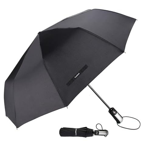 TradMall Travel Umbrella Windproof with 46 Inches Large Canopy 10 Reinforced Fiberglass Ribs Ergonomic Handle Auto Open & Close, Black