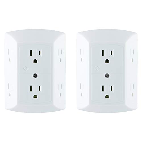 GE 6-Outlet Extender, 2 Pack, Grounded Wall Tap, Adapter Spaced Outlets, 3-Prong, Multiple Plug, Quick and Easy Install, Cruise Essentials, UL Listed, White, 40222