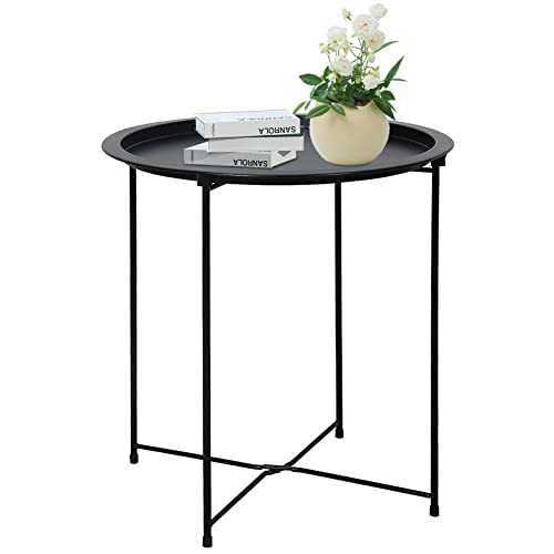 Garden 4 you End Table Metal Side Table Black Round Folding Tray Cyan Sofa Small Accent Fold-able Table, Round End Table Tray, Next to Sofa Table, Snack Table for Living Room and Bed Room