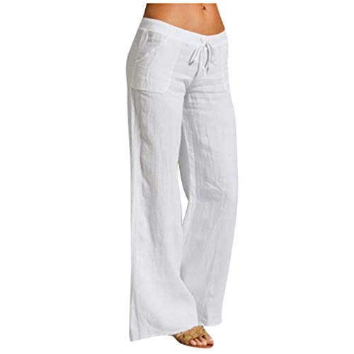 Limsea Womens Wide Leg Pants 2021 Summer Cotton Linen Elastic Waist Drawstring Trousers Casual Relax Fit Harem Sweatpants White,Large