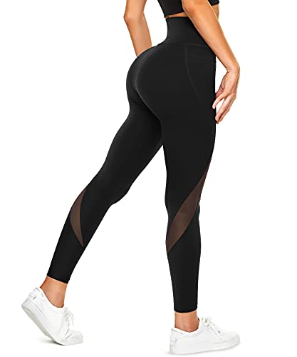 TrainingGirl Mesh Leggings for Women High Waisted Yoga Pants Workout Running Printed Leggings Gym Sports Tights with Pockets (Black, XX-Large)