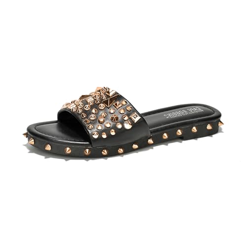 Cape Robbin Tonie Studded Sandals For Women - Flat Sandals For Women - Open Toe Summer Sandal - Women Flat Sandals - Womens Sandals Dressy Slip On Shoes - Black Size 7