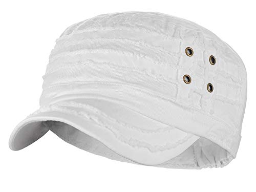 D&Y Unisex Cotton Distressed Layered Frayed Cadet Military Cap, White