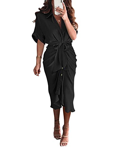 BTFBM Women 2024 Button Down Ruched Shirt Dresses Short Sleeve Lapel V Neck Elegant Party Spring Summer Maxi Satin Dress(Short Sleeve Black, X-Large)