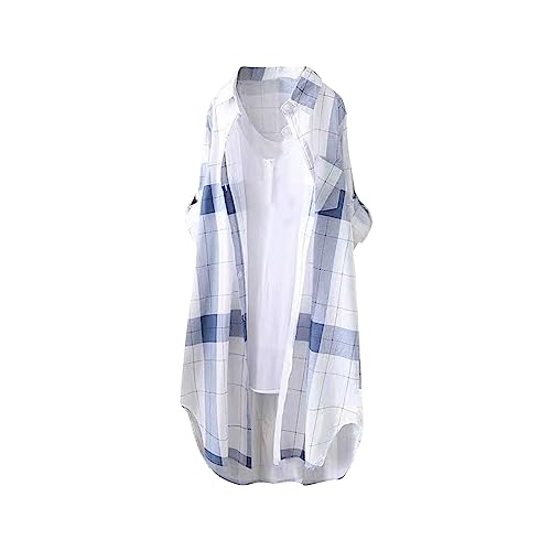 Boutique Oversized Shirts for Women Summer Autumn Button Down Long Shirts Plaid Cotton Comfy Plus Size Waffle Blouses Baggy Flowy Lightweight Top Resort Wear 2024 Maternity Clothes(K-Blue,Large)