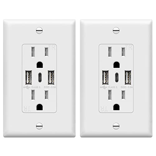 TOPGREENER USB Outlet, 3-Port Type C Wall Outlet, 15 Amp Receptacle Plug, Charging Power Outlet with USB Ports, Compatible with iPhone 15 Series & More, UL Listed, TU21536AC3-2PCS, White, 2 Pack