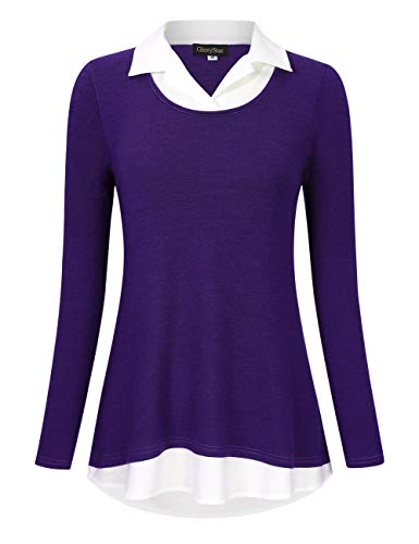 GloryStar Women's Long Sleeve Contrast Collared Shirts Patchwork Work Blouse Tunics Tops Long Sleeve Purple XL