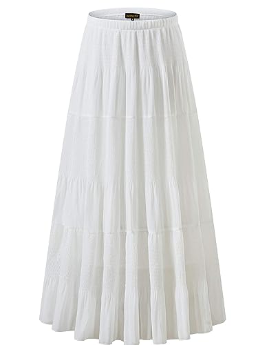 NASHALYLY Women's Chiffon Elastic High Waist Pleated A-Line Flared Maxi Skirts(White,L)