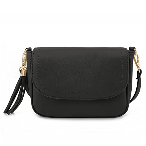 EVVE Small Crossbody Bag for Women Trendy Flap Saddle Purses with Tassel and Adjustable Shoulder Strap - Black