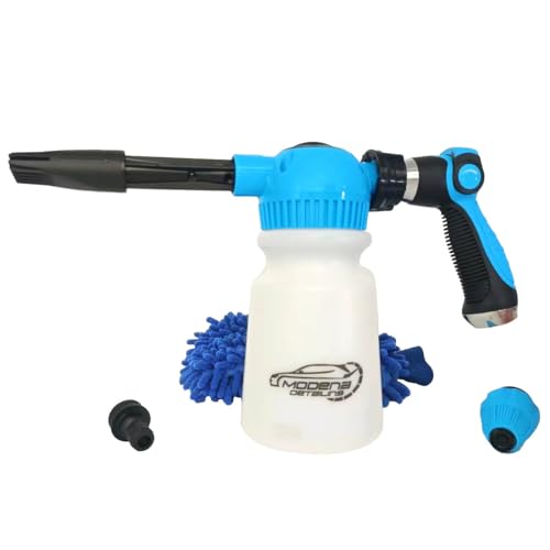 Modena Detailing Car Wash Foam Gun + Microfiber Wash Mitt - Car Foam Sprayer - Foam Cannon Garden Hose - Spray Foam Gun Cleaner - Car Wash Kit - Car Accessories - Snow Foam Blaster (Blue)