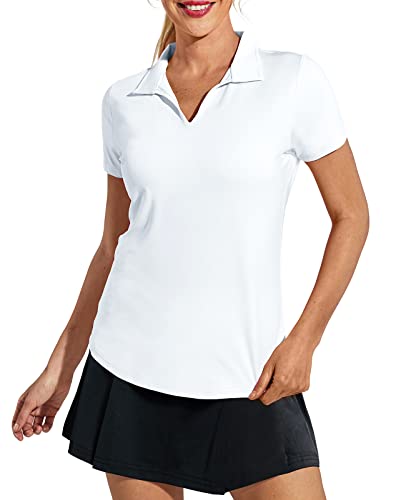 MIER Women's Golf Polo Shirts Collared V Neck Short Sleeve Tennis Shirt, Dry Fit, Moisture Wicking, White, M