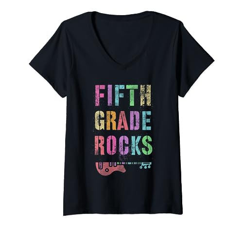 Womens 5th GRADE ROCKS Teacher Rockstar Squad My Fifth Gr I Teach V-Neck T-Shirt