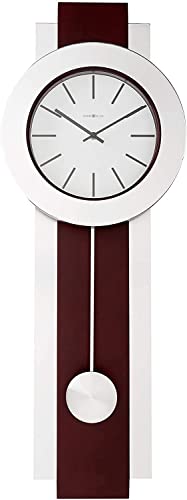 Howard Miller Bergen Wall Clock 625-279 ? Modern, Merlot Cherry Finish, Brushed Nickel Pendulum, Bezel & Sidebars, Quartz Movement, Black Bar Hour Markers