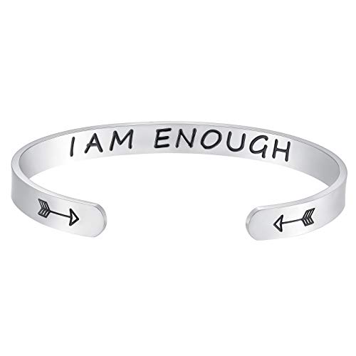 Fesciory Inspirational Bracelets for Women,Stainless Steel Engraved Personalized Positive Mantra Quote Keep Going Cuff Bangle College Graduation Encouragement Gifts for Her (Enough)