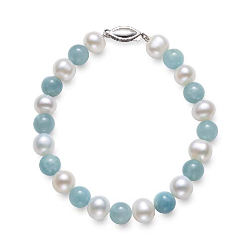 Sterling Silver Cultured Freshwater Pearl and Natural Aquamarine Gemstone Bracelet, 7.5'
