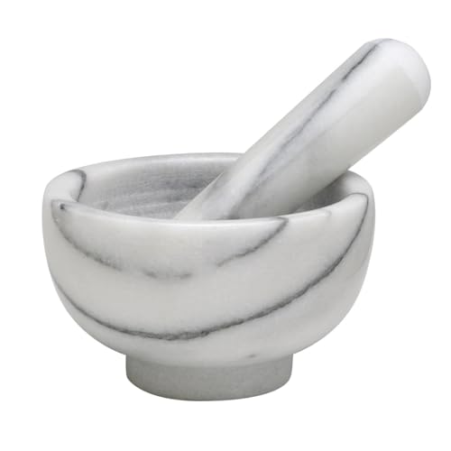 HIC Kitchen Mortar and Pestle Spice Herb Grinder Pill Crusher Set, Solid Fine-Quality Carrara Marble