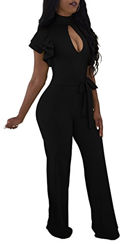 Women Sexy Solid Jumpsuits Wide Leg Pants Hollow Out Short Ruffles Sleeve for Party Club Black