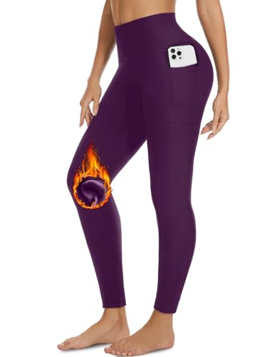 Fleece Lined Leggings with Pockets for Women-Thermal High Waist Stretchy Yoga Pants for Winter Workout(L,Purple)