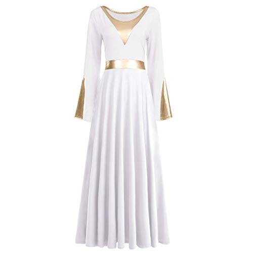 Women Metallic Color Block Liturgical Praise Dance Dress Bell Long Sleeve Lyrical Dancewear Gowns Worship Costume White + Gold M