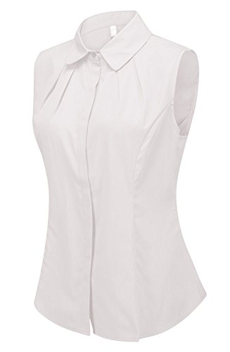 Double Plus Open Women's Cotton Collared Pleated Sleeveless Button Down Shirt Work Blouse White 6