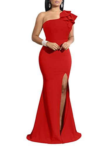 YMDUCH Women's Sexy Sleeveless One Shoulder Ruffle High Split Party Evening Long Formal Dress Red