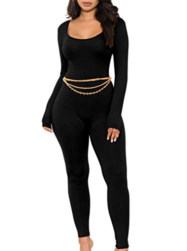GOKATOSAU Women's Sexy Long Sleeve Bodycon Solid Outfits Club Rompers Jumpsuits Black