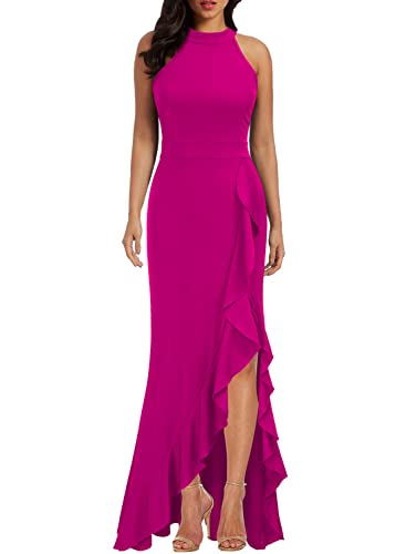 WOOSEA Women's High Neck Split Bodycon Mermaid Evening Cocktail Long Dress Magenta