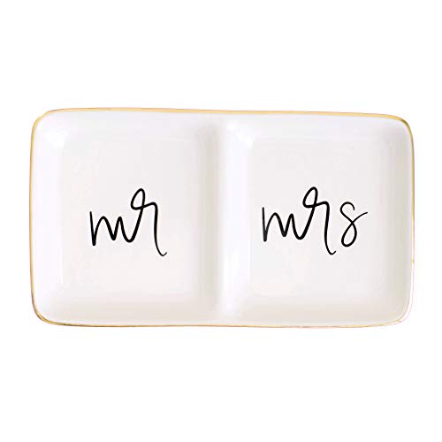 Sweet Water Decor Mr and Mrs Ring Dish - Personalized Wedding Gift & Engagement Ring Dish Holder Gift - Ring Tray for Jewelry Organizer - Trinket Tray - Vanity Tray & Bedroom Decor - Ceramic White