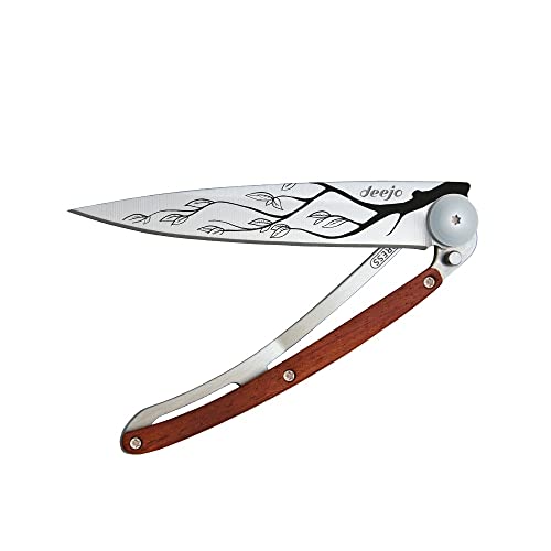 deejo - 0.9 OZ, Titanium, Coral Wood, Tree - Ultra-Light Folding Pocket Knife with a Belt Clip - Z40C13 Stainless Steel