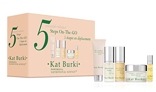 Kat Burki 5 Steps On The Go Travel Size Gift Set. Complete Skincare Routine Kit that Includes Face Cleanser, Toner, Serum, Vitamin C Cream & Facial Oil