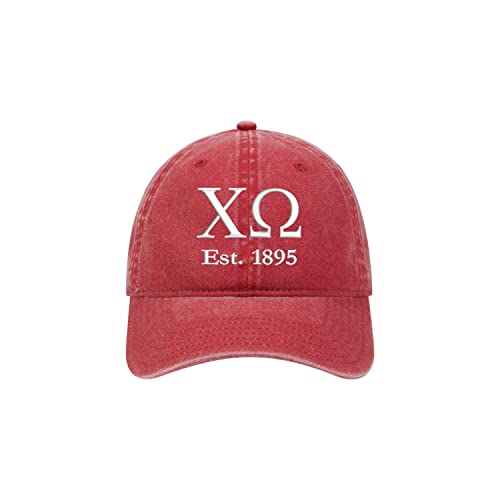Chi Omega Sorority Baseball Hat - CHI O Embroidered Greek Letter Cap - Pigment Dyed Cotton Twill (Red)