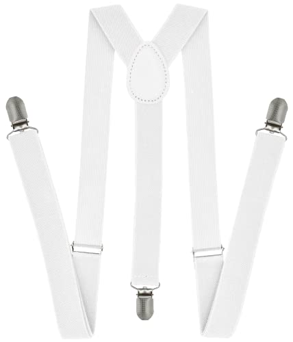 trilece White Suspenders for Men Women - Adjustable Size Elastic 1 inch Wide Y Shape Suspender - Heavy Duty Clips - 1920s Costume (White, 1)